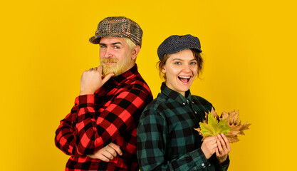 Love and fun. couple vintage fashion. Happy family concept. hippie and hipster. Enjoy autumn together. love and romantic relationship. Autumn greetings. autumn harvest festival. fall season trends