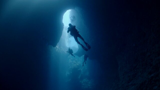 SCUBA Divers explore underwater cavern