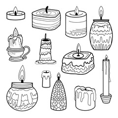Candles set. Outlined black and white template collection. Fest and celebration concept. Magic, spiritual element. Religious prayer symbol. Design decoration amd coloring page print. Vector isolated