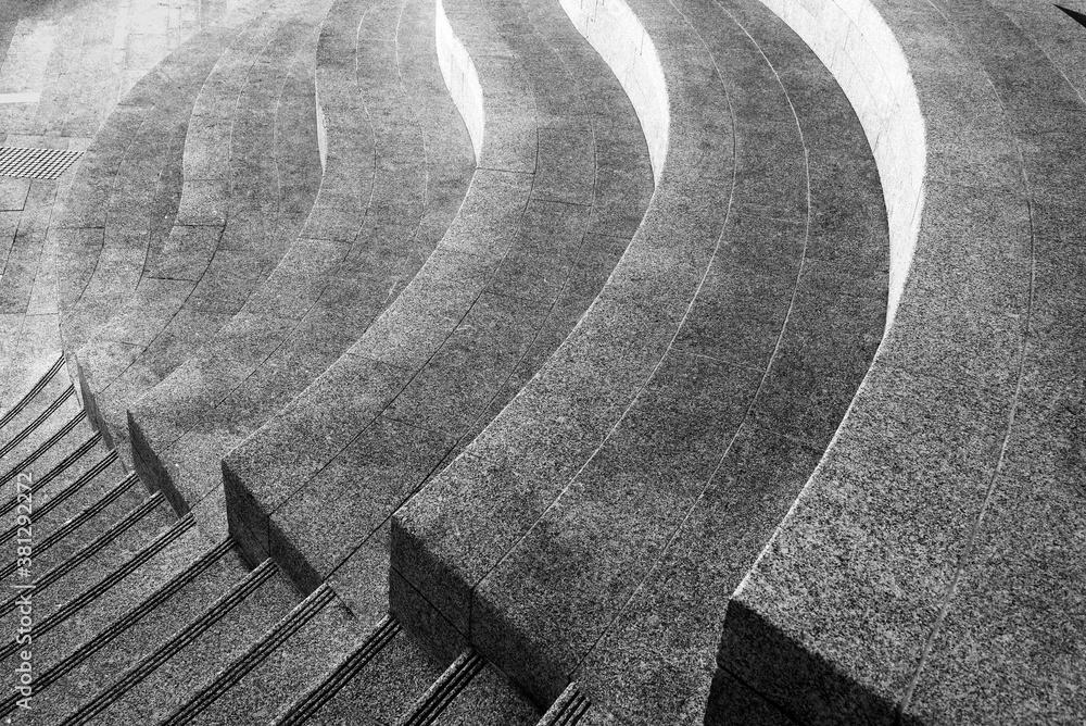 Poster Architectural design of curve stairs. Building abstract background