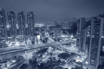 Aerial view of downtown of Hong Kong city at night