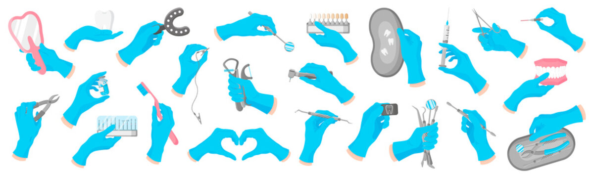 Vector cartoon set of hands of a dentist in blue gloves that hold dental tools on a white background.