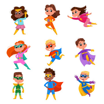 Cute Boys and Girls in Superhero Costumes and Masks Set, Adorable Kids Playing Superhero Cartoon Style Vector Illustration