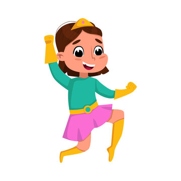 Cute Brunette Girl Playing Superhero Wearing Colorful Costume, Adorable Kid Superhero Character Cartoon Style Vector Illustration