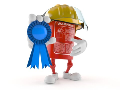 Fire extinguisher character with award ribbon