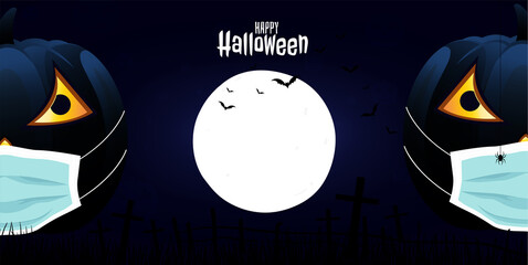 dark Halloween pumpkins wearing face mask, dark Halloween Horror background with groups of bats on bright moon with woods, spooky tree, pumpkins and spider web. Space for your Halloween holiday text.