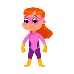 Cute Red Haired Girl in Pink Superhero Costume, Adorable Kid Superhero Character Standing in Superhero Pose Cartoon Style Vector Illustration