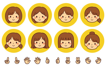 女性　顔　アイコンセット　笑顔