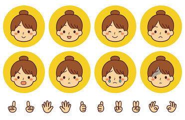 女性　顔　アイコンセット　お団子頭