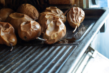 Close up view of delicious baked pears in the oven