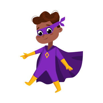 Cute African American Boy in Purple Superhero Costume and Mask, Adorable Kid Superhero Character Cartoon Style Vector Illustration