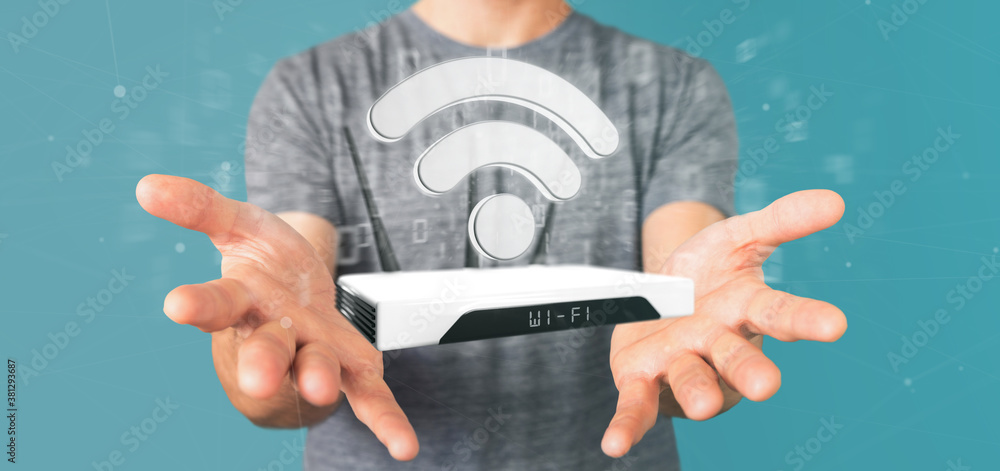 Poster businessman holding a wifi router and data - 3d rendering