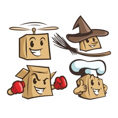 set of many box in different profession. wizard, chef, boxer, flying box. logo character. mascot vector illustration