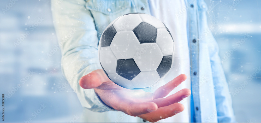Poster man holding a football ball and connection isolated 3d rendering