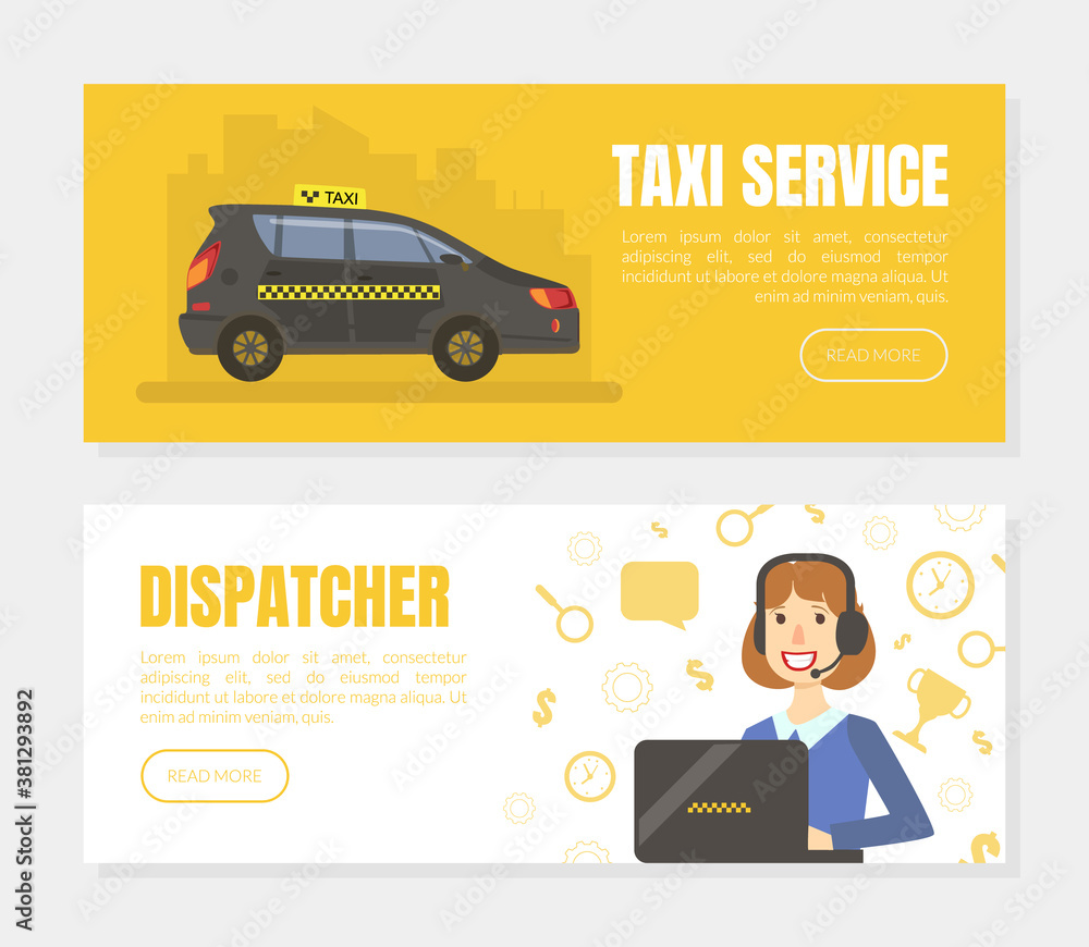 Sticker taxi service and dispatcher landing pages set , mobile city public transportation service vector ill