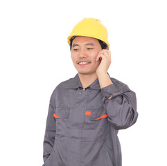 Migrant worker wearing yellow helmet is calling