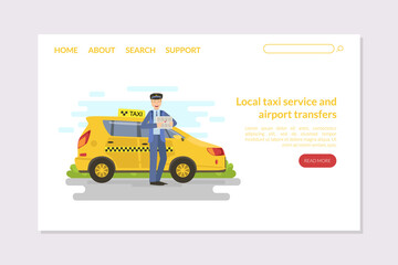 Local Taxi Service and Airport Transfers, Mobile City Public Transportation Service Landing Page Vector Illustration