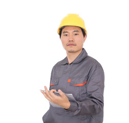 Migrant workers holding related folders in front of white background