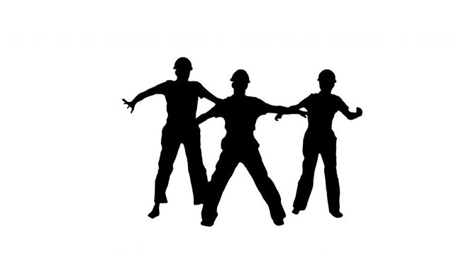 Silhouette Three male construction workers in hard hats synch dancing with their backs to the camera and then turning around.