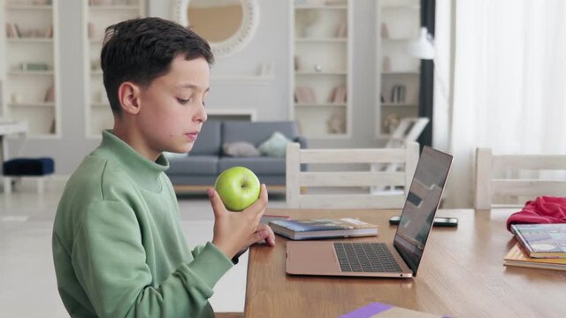 Scoolboy eating fresh apple near laptop in light room