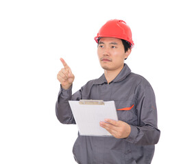 Migrant workers viewing relevant information in front of a white background