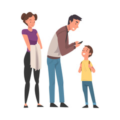 Fototapeta premium Male Tourist with Backpack Calling Taxi Car or Using Mobile Taxi Call Application Vector Illustration