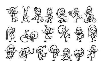 Obraz premium Collection of happy cartoon kids, lined hand drawn doodle outline style