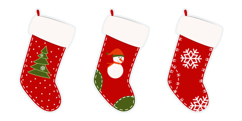 Christmas stockings. Stickers, clipart for xmas. Red, green socks with snowflakes, snowman, Christmas tree. Hanging stockings isolated on white background. Vector illustration. Holiday gifts