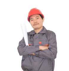 Construction worker holding drawings in hand and standing in front of white background