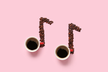 Music notes made of cups of coffee and beans on color background