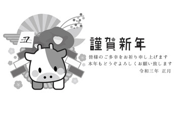 2021年賀状丑年しめ縄モノクロ