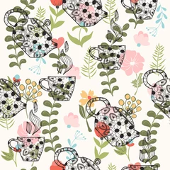 Fototapete Tee Muster mit dekorativen Teekannen und Tassen auf Blumenhintergrund