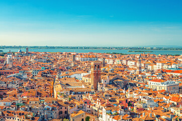 Aerial panoramic view of Venice city old historical centre, buildings with red tiled roofs, San...