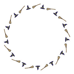 Round frame with witch hat and broom for Halloween. Vector image.