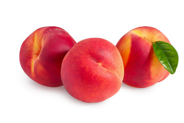 peach fruits with green leaf isolated on white background. full depth of field