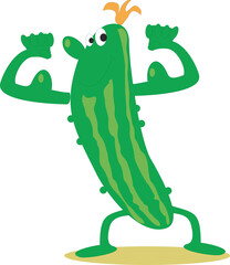 A cheerful green strong cucumber, with eyes and a large nose shows muscles. Vegetable cucumber isolated on white background. Flat infographics. Vector illustration in cartoon style