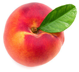 single peach fruit with green leaf isolated on white background. full depth of field
