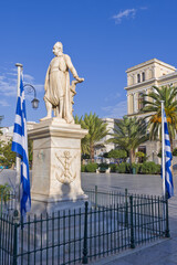 Ermoupolis City Hall with the statue of Andreas Miaoulis in Syros island, Cyclades, Greece