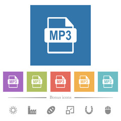 MP3 file format flat white icons in square backgrounds