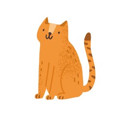 Childish cute cat in simple scandinavian style. Flat vector cartoon textured illustration of ginger kitty. Lovely kitten isolated on white background. Funny friendly domestic animal, sitting pet