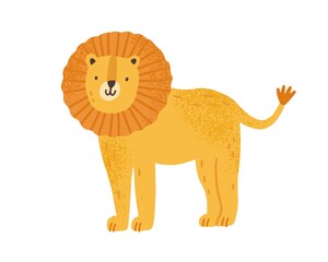 Childish cute lion in simple scandinavian style. Flat vector cartoon textured illustration of lovely leo character. Adorable funny wild feline animal isolated on white background
