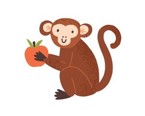 Cute childish monkey sit and hold apple in little paws. Chimpanzee mascot in scandinavian style. Flat vector cartoon illustration of lovely ape. Funny animal isolated on white background © Good Studio