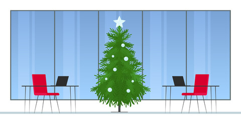 Christmas tree in office. Cartoon. Vector illustration.