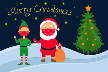 Conceptual New Year card. Santa Claus and Christmas elf in face masks. Vector illustration.