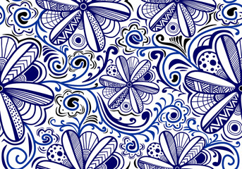 Hand drawn doodle repeating fabric floral design texture. Vintage flora art in traditional classic seamless pattern in blue and white background. Perfect for printing on fabric or paper.