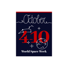 Calendar sheet, vector illustration on the theme of World Space Week on October 4-10. Decorated with a handwritten inscription OCTOBER and a planet and constellation.