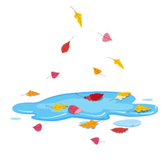Fototapeta na wymiar Autumn puddle with falling colorful leaves. Vector illustration isolated