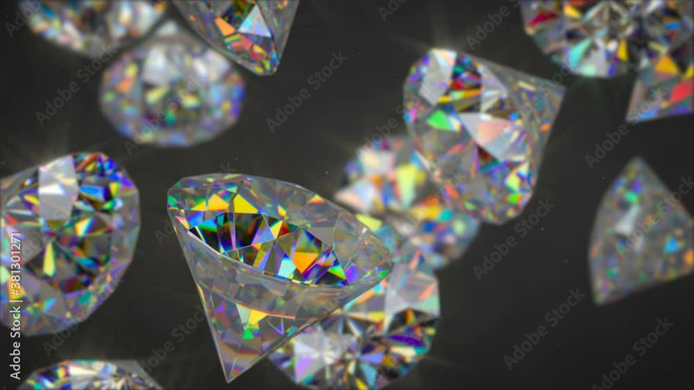 Poster brilliant round cut diamonds are falling closeup. 3d render seamless loop animation