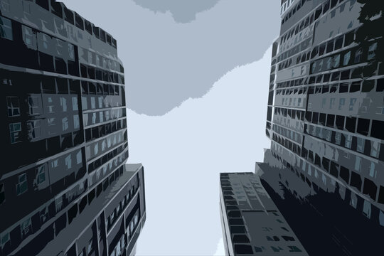 Modern building from low angle background. Illustration of tower building. Digitally filtered photo painting. Skyscrapers against the sky for cartoon. 