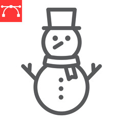 Snowman line icon, merry christmas and xmas, snowman sign vector graphics, editable stroke linear icon, eps 10.
